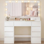 VASAGLE Dressing Table, Tri-Fold Mirror, 9 Drawers, Power Outlets | Vanity Table, Power Outlets, Drawer Slides Assembly, 3 Colours, Cloud White, KAILYN Collection RDT146WB02