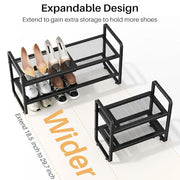 Expandable Metal Shoe Rack for Closet, Entryway & Garage, 2-Tier, Black | Adjustable Height for Boots, Stackable Design, Dense Mesh Shelves for Heels, Fits Small Spaces, Apartments and Rentals