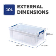 Bankers Box 4x 10L Plastic Storage Boxes with Lids. ProStore Super Strong Stackable Plastic Storage Boxes (14 x 34 x 21.5cm), Made in the UK, Clear