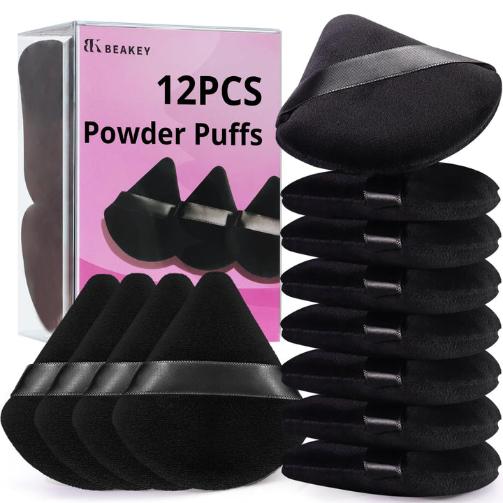 BEAKEY Powder Puff, 12pcs Face Triangle Powder Puffs for Loose & Foundation | Black Velvet Makeup Puff for Contouring & Baking, Ultra-soft Cloud Kiss Makeup Tools for Setting, Reusable & Washable