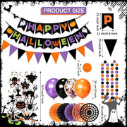 Fecedy Happy Halloween Banner Triangular bunting Paper flower fans Circle garland Latex balloons Swirls for Halloween Party decoration Indoor Outdoor Wall Door Decoration