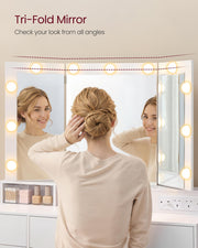 VASAGLE Dressing Table, Tri-Fold Mirror, 9 Drawers, Power Outlets | Vanity Table, Power Outlets, Drawer Slides Assembly, 3 Colours, Cloud White, KAILYN Collection RDT146WB02