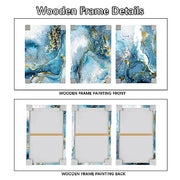 3 Panels Wooden Framed Golden Blue Ocean Canvas Wall Art Nordic Marble Painting on Canvas Print Picture for Living Room Hallway Stairs Bedroom Bathroom Wall Decor Ready To Hang 90x40cm(12"x16"x3pcs)