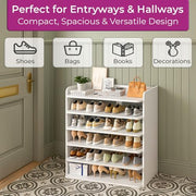 Neo White 6 Tier Wooden Shoe Rack Space-Saving Cabinet Organiser Shelving Storage Shelf for Entryway Hallway Closet Bedroom