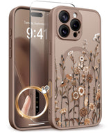GVIEWIN for iPhone 16 Pro Case Compatible with MagSafe Screen Protector | Military Grade Protection, Full Camera Protection, Floral Translucent, Women Magnetic Phone Case, Floratopia/Brown