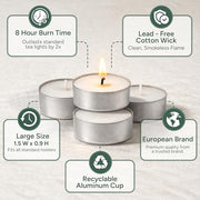 Zuvo Tea Lights 8 Hour Burn, Unscented White Tealight Candles, 50 Pack | Cotton wick, lead-free, 3.8 x 2.3 cm deep cup, fits standard holders, long burning for evenings