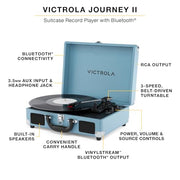 Victrola Journey II - Bluetooth Suitcase Record Player - Pink | Built-in stereo speakers, 3-speed turntable plays 7", 10" and 12" records, Bluetooth in and out, headphone jack