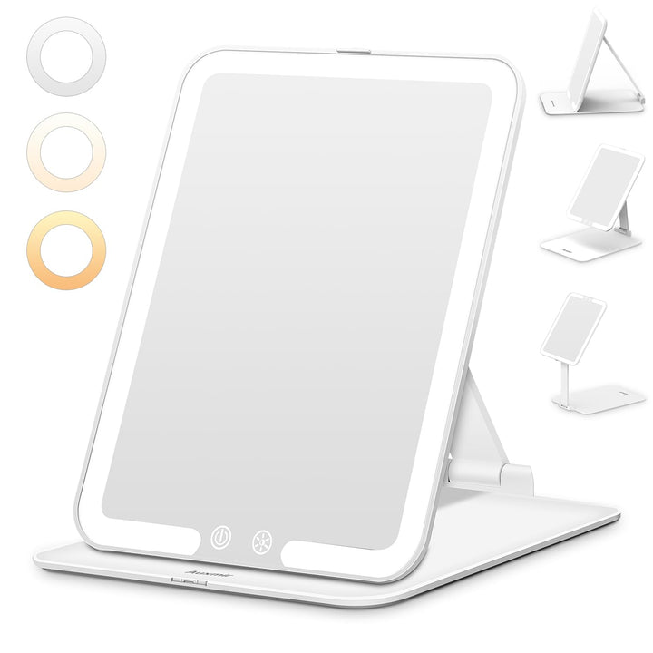 Auxmir Rechargeable Makeup Mirror, Portable LED Travel Mirror with Light | Folding Lighted Vanity Makeup Mirror with 3 Color Light, Dimmable Brightness, Rotating Vanity Mirror for Home and Travel