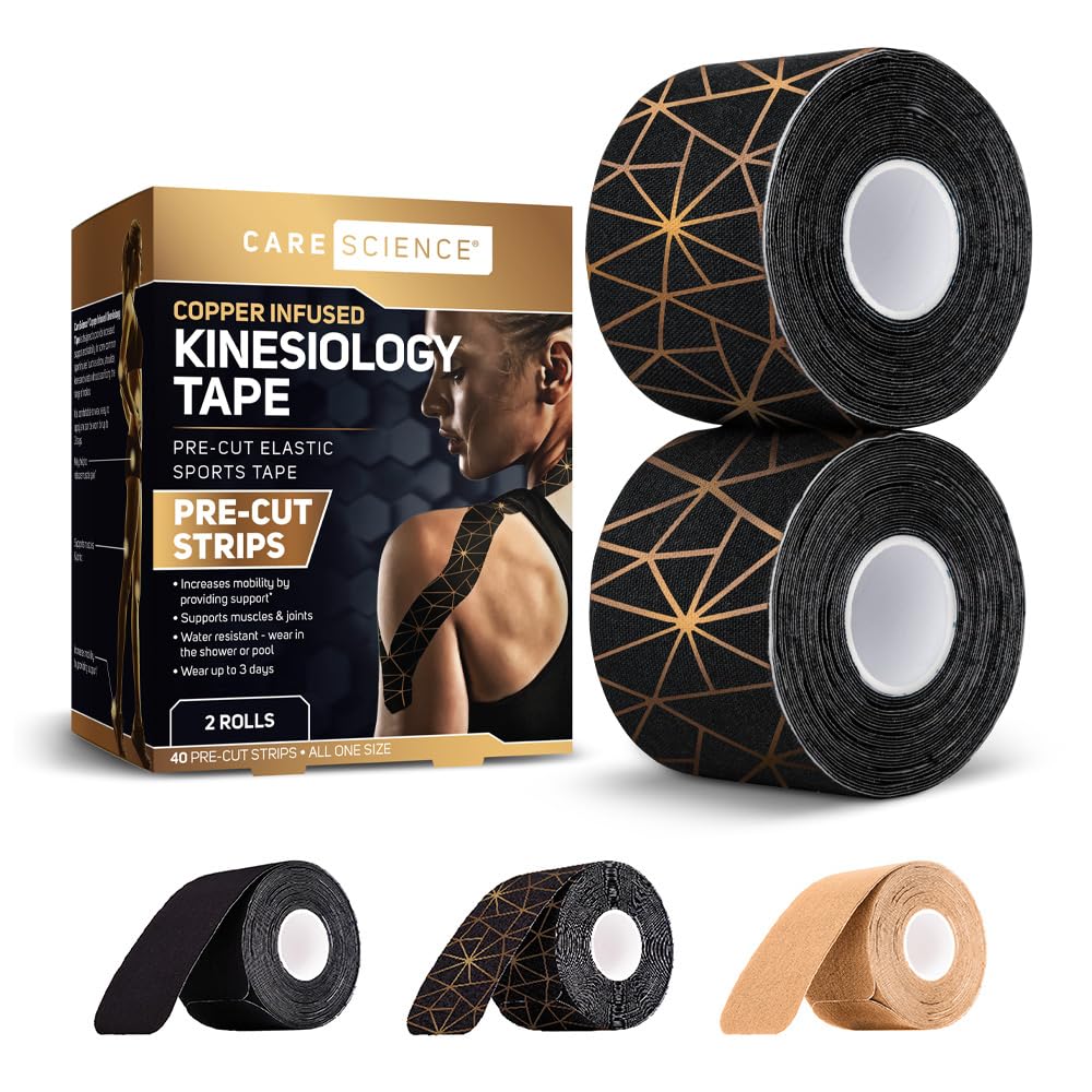 Care Science Copper Infused Kinesiology Tape, 40 Precut Strips, 2 Rolls | Elastic Sports & Weightlifting Tape Supports Muscles & Joints. Water Resistant.