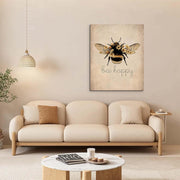 Framed Canvas Wall Art 12x16 Inch Bee Happy Inspirational Quote Artwork Rustic Bee Picture Modern Wall Canvas for Living Room Bedroom Hallway and Stairs Wall Decoration Prints with Hooks Magic Tape