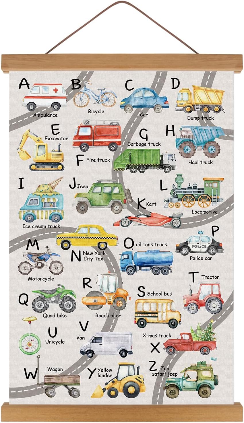 KAIRNE Transport ABC Alphabet Kids Learning Canvas Hanging Scroll Wall Art