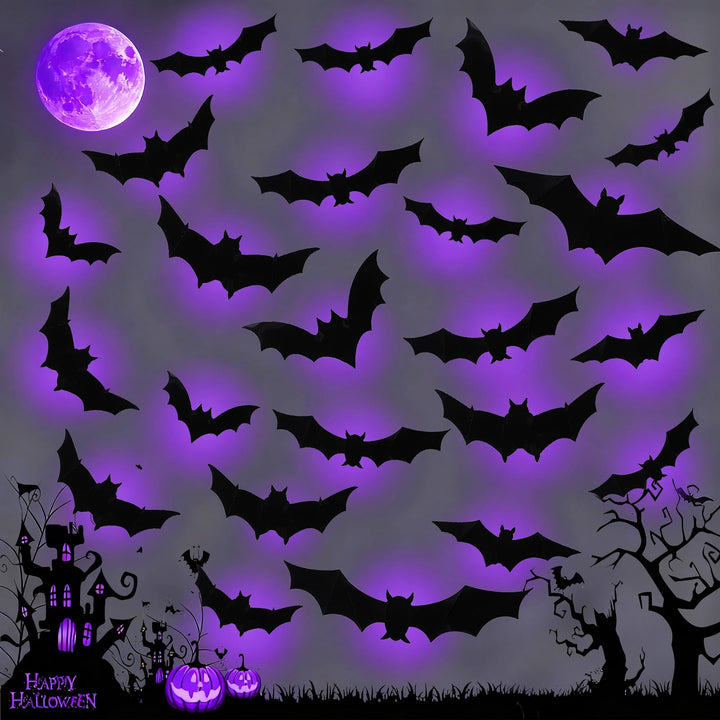 24PCS LED Halloween Bats Decorations 3D Luminous Halloween Wall Decorations | 3D Halloween Bats with LED Lights, PVC Bat Decorations, LED Wall Decor, for Halloween Decorations Indoor Door Wall DIY