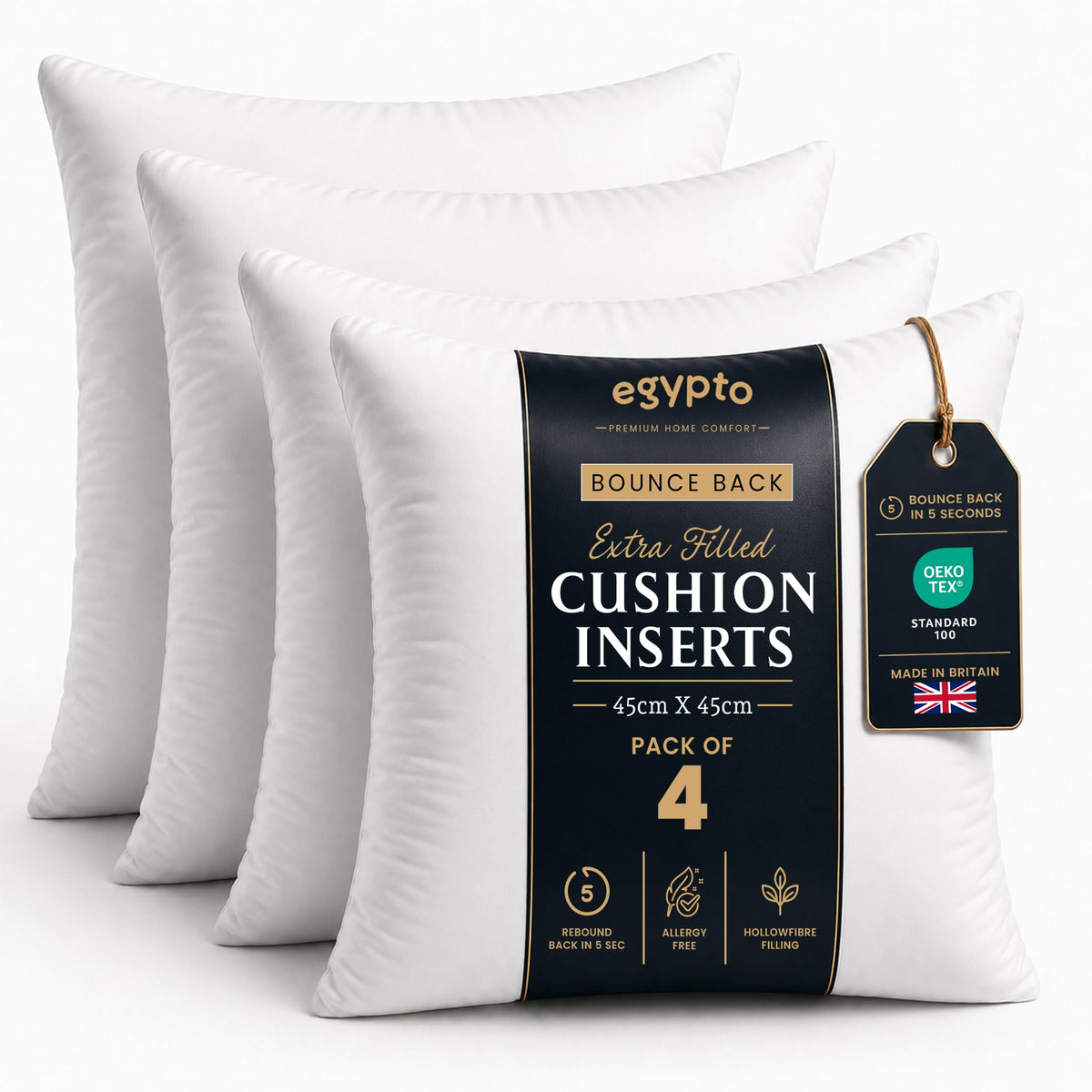 EGYPTO Pack of 4 Cushion Inserts 45cm x 45cm | Plump Bounce Back 18 x 18 Cushion Insert Pads | Hypoallergenic Sofa & Throw Pillows Inner | Made in UK