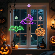 CNMTTCO Halloween Window Lights with Timer, Orange Pumpkins, Green Bat & Purple Witch LED Decorations, Battery Operated Indoor Window Lights with Suction Cups (Set of 3)