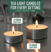 GloBrite Unscented Tea Lights – 8-Hour Long Burning Candles with Aluminum Cups for Home, Events & Decor (Pack of 50)
