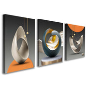 Set of 3 Canvas Wall Art, Modern Abstract Geometric Artwork for Living Room, Luxury Blue Gold and Orange Wall Decoration for Bedroom, Hallway or Staircase with Hooks and Magic Tape, 12x16 Inch