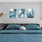 3 Panels Wooden Framed Golden Blue Ocean Canvas Wall Art Nordic Marble Painting on Canvas Print Picture for Living Room Hallway Stairs Bedroom Bathroom Wall Decor Ready To Hang 90x40cm(12"x16"x3pcs)