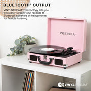 Victrola Journey II - Bluetooth Suitcase Record Player - Pink | Built-in stereo speakers, 3-speed turntable plays 7", 10" and 12" records, Bluetooth in and out, headphone jack