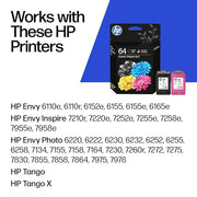 HP 64 Black & Tri-Color Ink Cartridges Printers (Combo Pack) | Works with Printer Series: Inspire 7950e; Envy Photo 6200, 7100, 7800; Tango | Eligible for Instant Ink | X4D92AN
