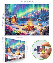 Blueforest 1000 Piece Jigsaw Puzzle, Northern Lights Winter Cabin Bonfire | Northern Lights Jigsaw Puzzles, Impossible Challenging Difficult Puzzle with Aurora, Perfect Holiday Gift for Family