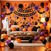 Fecedy Happy Halloween Banner Triangular bunting Paper flower fans Circle garland Latex balloons Swirls for Halloween Party decoration Indoor Outdoor Wall Door Decoration