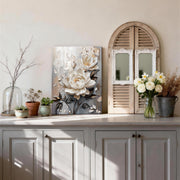 Wooden Framed Canvas Wall Art 3D White Floral Painting on Canvas Prints Poster Beige Gray Rose Blooming Flowers Pictures for Living Room Bedroom Dinning Room Hallway Wall Decoration 30x40cm