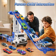 Transport Truck Toys for 3 4 5 6 7 Years Old Boys,Toys Cars Track Set Transporter Trucks with 12 Die-Cast Car Toys 2 Race catapults Dual-Track Model,Toddler Car Toy Set for Kids Boys Girls