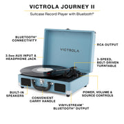 Victrola Journey II - Bluetooth Suitcase Record Player - Pink | Built-in stereo speakers, 3-speed turntable plays 7", 10" and 12" records, Bluetooth in and out, headphone jack