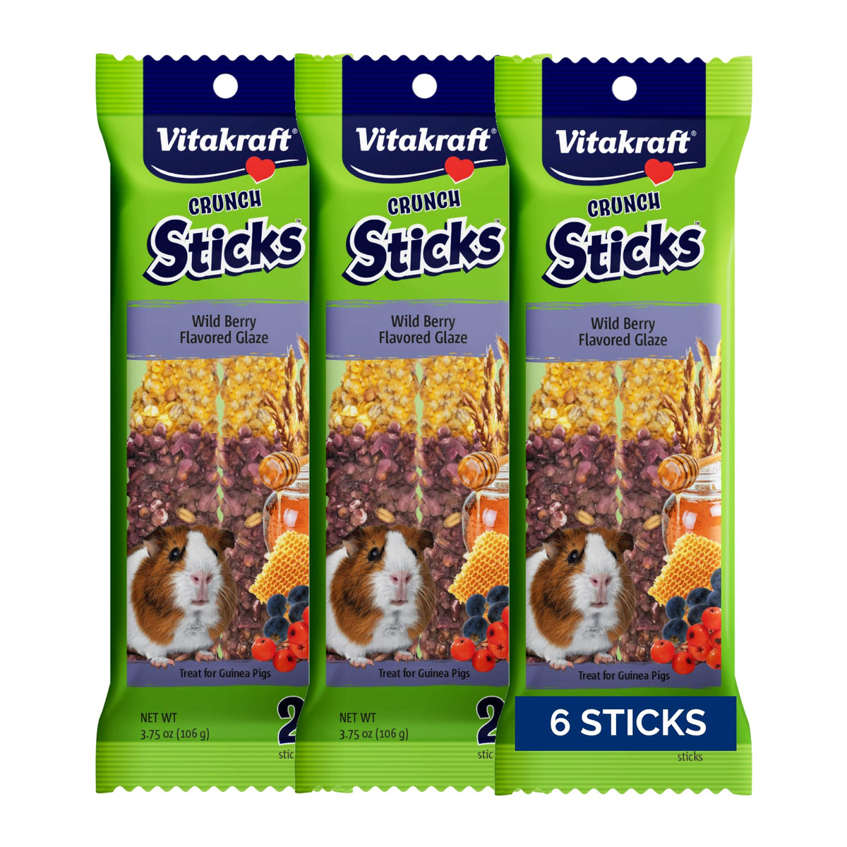 Vitakraft Crunch Sticks Guinea Pig Treat - Triple-Baked Guinea Pig Chews with Natural Wood Center - Crunchy & Nutritious Treats for Small Animals (Wild Berry and Honey, Pack of 6)