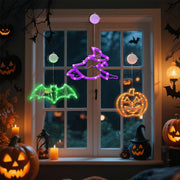 CNMTTCO Halloween Window Lights with Timer, Orange Pumpkins, Green Bat & Purple Witch LED Decorations, Battery Operated Indoor Window Lights with Suction Cups (Set of 3)