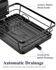 Kitsure Space-Saving Dish Drainer Rack with a Cutlery Holder, Large, Black | Rust-Resistant Dish Racks for Kitchen Counter, Automatic Drainage Draining Board Rack, Bowl And Utensil Storage