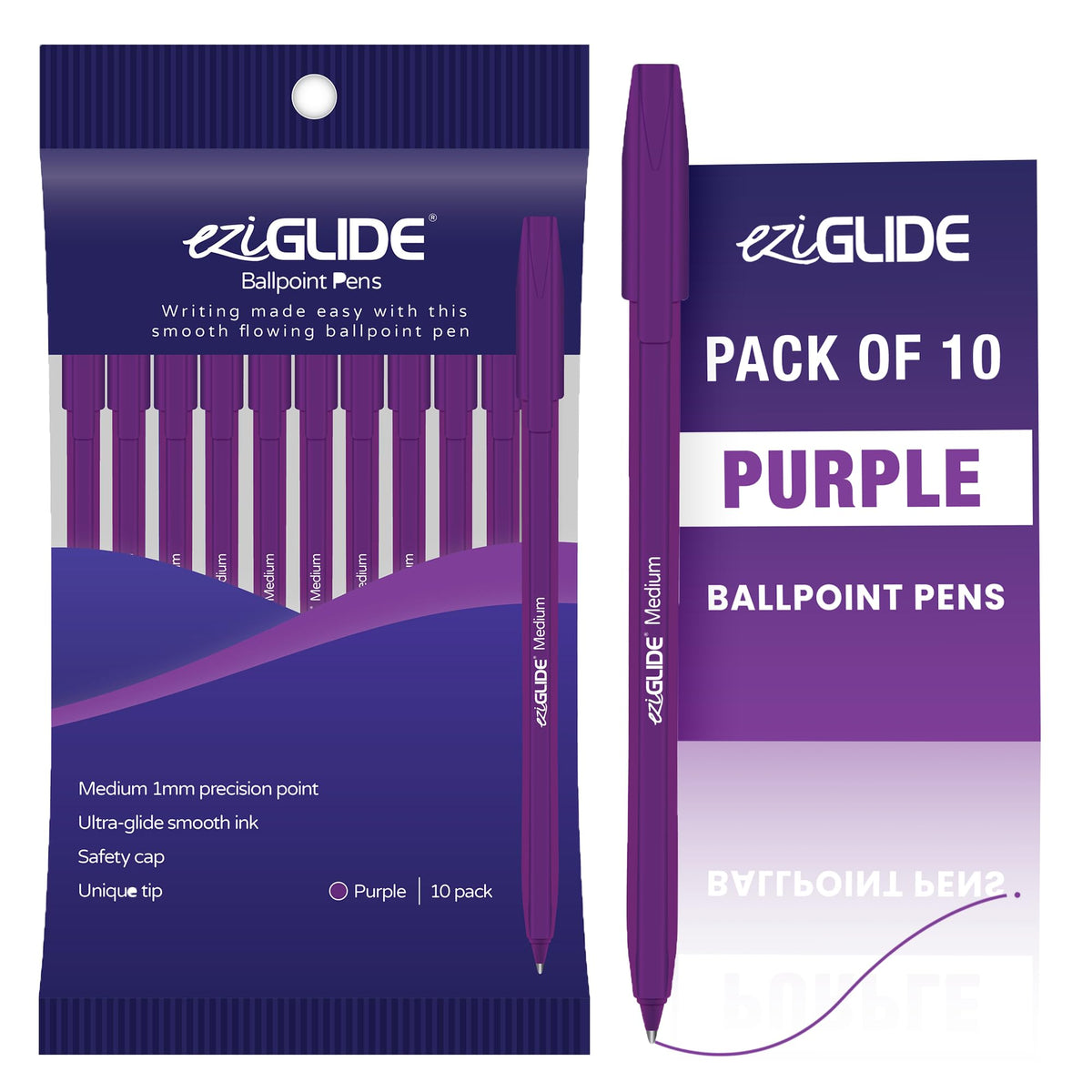 Eziglide Ballpoint Purple Pens, Medium Point Nib (1.0mm), 10-Pack | Effortless Writing & Comfortable Grip, Ball Point Pens Ideal for School, Exams, Home or Work Stationery Supplies
