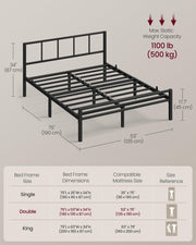 VASAGLE Single Bed Frame, Steel, with Slats and Headboard, 90 x 190 cm | Platform Bed, Supports up to 250 kg, Bedroom Furniture, Matte Black, CONNER Collection RMB291B101