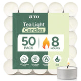 Zuvo Tea Lights 8 Hour Burn, Unscented White Tealight Candles, 50 Pack | Cotton wick, lead-free, 3.8 x 2.3 cm deep cup, fits standard holders, long burning for evenings