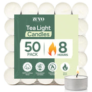 Zuvo Tea Lights 8 Hour Burn, Unscented White Tealight Candles, 50 Pack | Cotton wick, lead-free, 3.8 x 2.3 cm deep cup, fits standard holders, long burning for evenings