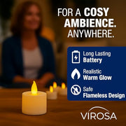 VIROSA Pack of 48 Realistic and Bright Battery Operated Flickering Flameless Tea Light Led Candles, Batteries Included - Yellow