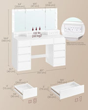 VASAGLE Dressing Table, Tri-Fold Mirror, 9 Drawers, Power Outlets | Vanity Table, Power Outlets, Drawer Slides Assembly, 3 Colours, Cloud White, KAILYN Collection RDT146WB02
