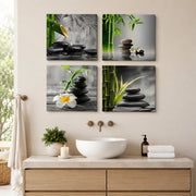 Canvas Wall Art Set of 4 Framed Zen Spa Bamboo Stone Prints, Wall Art for Living Room Bedroom Hallway Study, HD Moisture-Resistant Artwork with Velcro & Pre-Installed Hooks, No Drilling, 30 x 30 cm