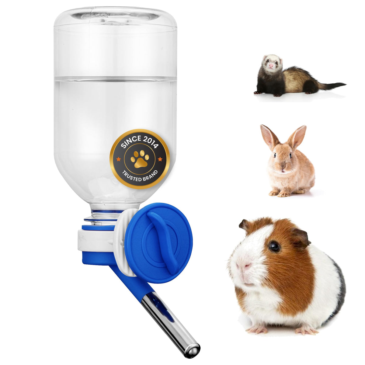 Choco Nose No-Drip Water Bottle Feeder for Guinea Pigs, Hamsters, Bunnies, Ferrets, & Small Pets, 10.2 fl.oz, 300ml - Easy to Install in Cages/Crates, US Patented Leakproof Nozzle 10mm, Blue (C128)
