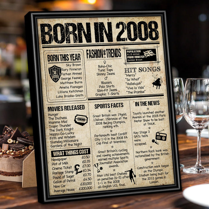 Benjia 2008 Poster Framed UK, Happy 18th Birthday Sign Card Party Decor Supplies Home Decoration Birthday Gift 18 Years Old Wedding Newspaper For Boy Girl (8x10 inch, Vintage)