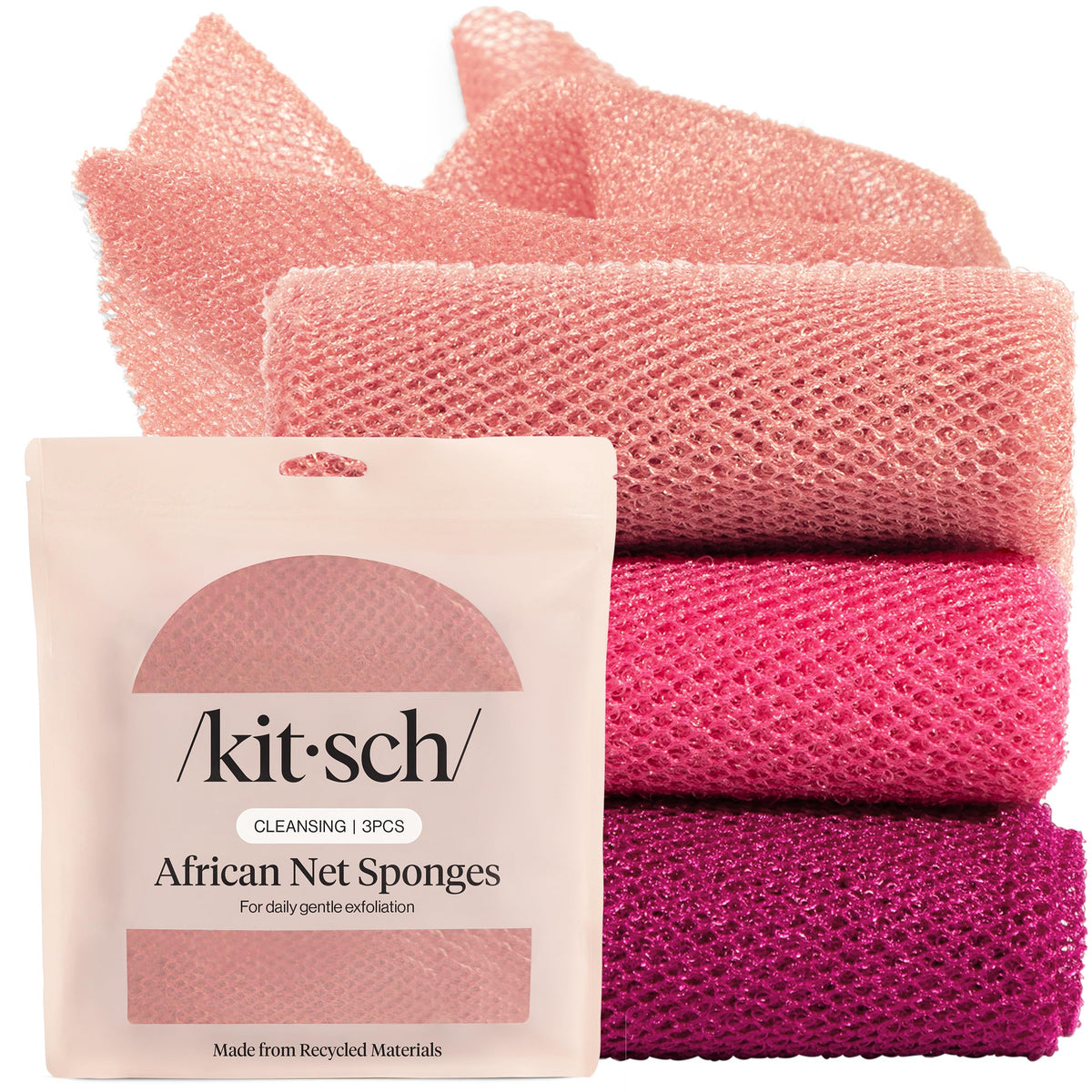 Kitsch African Net Sponge – Exfoliating Body Scrubber – Berry Pink, 3 Pcs | for Cleansing & Gentle Daily Exfoliation – Stretchable Bath Sponge for Hard-to-Reach Areas – Long-Lasting Shower Essential