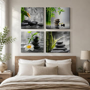 Canvas Wall Art Set of 4 Framed Zen Spa Bamboo Stone Prints, Wall Art for Living Room Bedroom Hallway Study, HD Moisture-Resistant Artwork with Velcro & Pre-Installed Hooks, No Drilling, 30 x 30 cm
