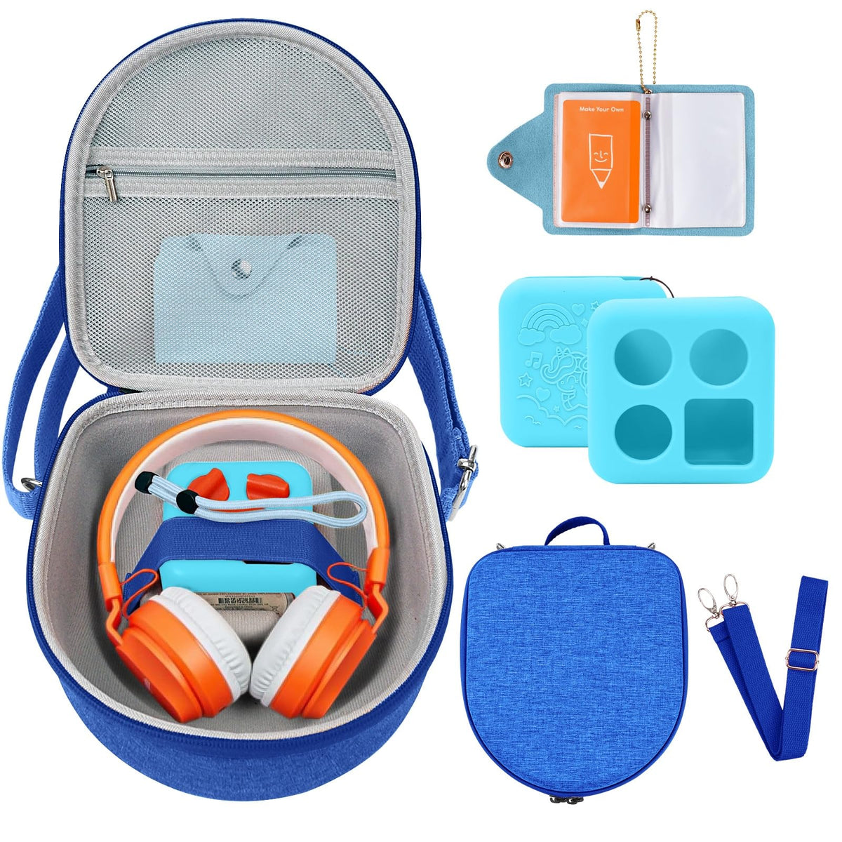 Hard Case Compatible with Yoto Mini (2024 Edition), 3-in-1 Travel Bundle: Silicone Cover + Case with Shoulder Strap (Fits Mini Player & Headphones) + Up to 10 Card Holder for YOTO Cards (Blue)