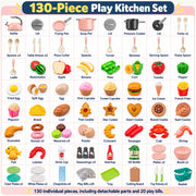 130Pcs Kitchen Playset, Toddler Pretend Cooking Play Pots, Pans, Utensils Cookware, Daily Food Fruit Veges, Shopping Storage Basket, Dessert, Prop Money, Learning Gift for Child (Pink)