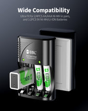 EBL Rechargeable AAA Batteries with Charger with AC Plug for AA/AAA/9V | Mercury-Free, 1200 Cycles, Charger with AC plug, 8 AAA batteries. Also charges 9V. Ideal for remotes, toys, flashlights