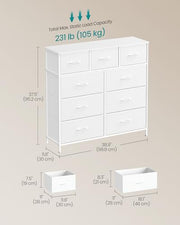 SONGMICS Chest of Drawers, 9 Drawers, Steel Storage Unit, Modern Basic | for Bedroom, Closet, Hallway, Living Room, Cloud White and Snow White, BELLAH Collection LGS324WH01