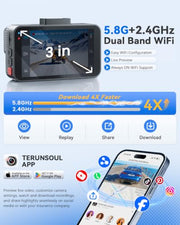 Terunsoul 4K+4K Dash Cam, Free 128GB Card, 5.8GHz WiFi6 - up to 20MB/s | AProX HD Night Vision Dash Cam Front and Rear, App, GPS, G-Sensor, 24H Parking Mode, Support 512GB Max, Premium Dark Gray
