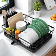 Kitsure Space-Saving Dish Drainer Rack with a Cutlery Holder, Large, Black | Rust-Resistant Dish Racks for Kitchen Counter, Automatic Drainage Draining Board Rack, Bowl And Utensil Storage
