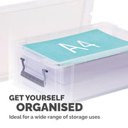 Bankers Box 4x 10L Plastic Storage Boxes with Lids. ProStore Super Strong Stackable Plastic Storage Boxes (14 x 34 x 21.5cm), Made in the UK, Clear