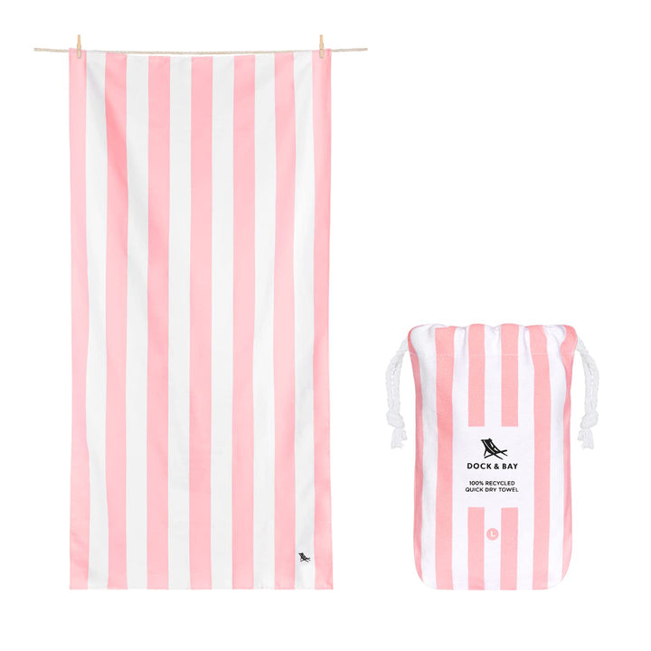 Dock & Bay Quick Dry Beach Towel - Cabana Light - Malibu Pink, Large | Sand-Resistant, Includes Travel Bag, Lightweight & Compact, 100% Recycled DryQ Fabric, Large (160x90cm, 63x35")